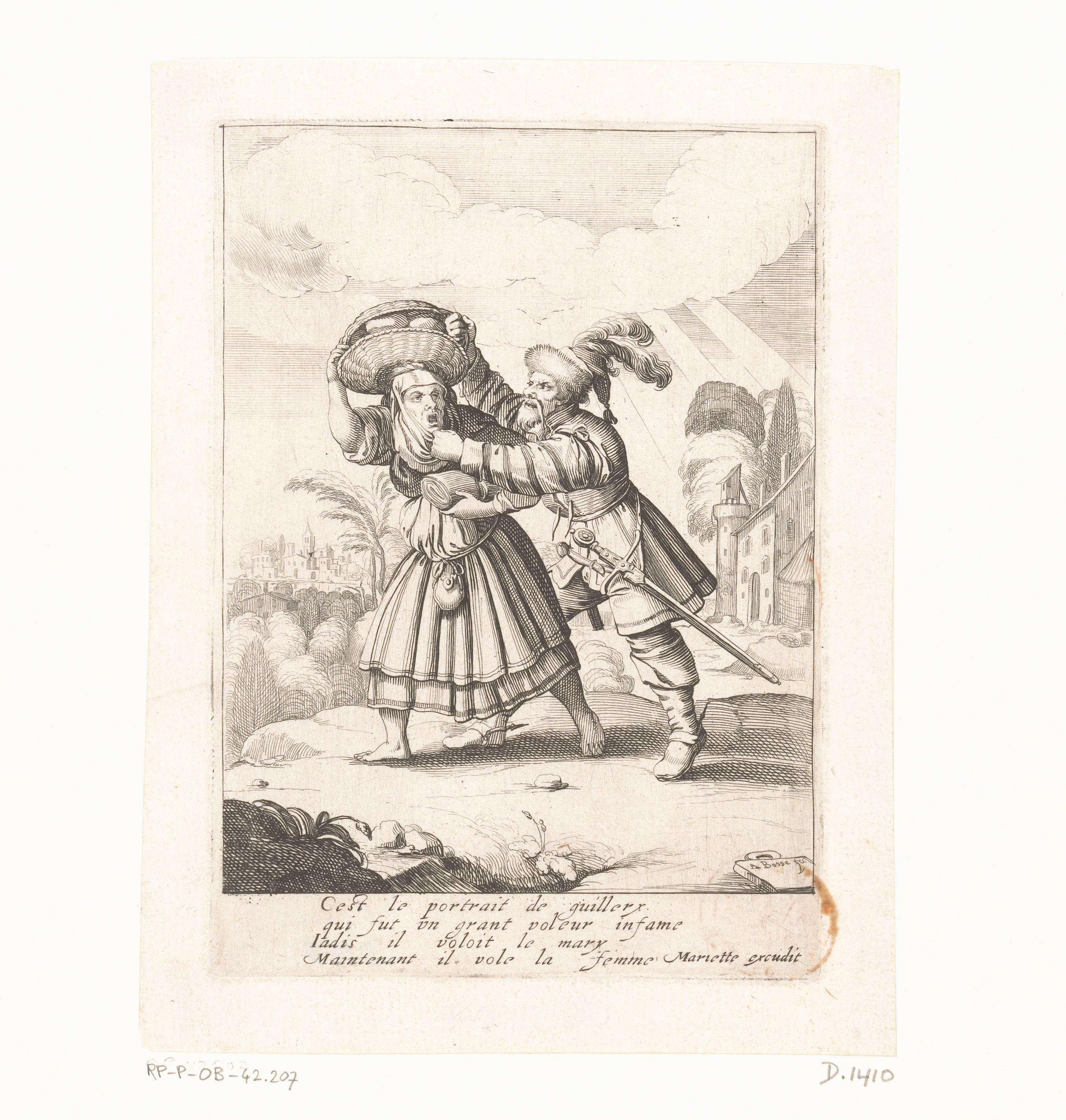Struikrover valt een vrouw aan by Abraham Bosse