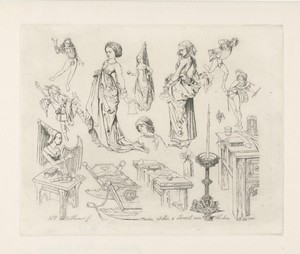 Studieblad met dansende en musicerende figuren