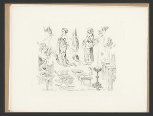 Studieblad met dansende en musicerende figuren