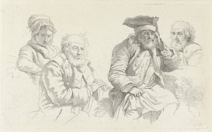 Studieblad met drie oude mannen en een jonge vrouw