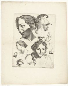 Studieblad met drie vrouwenhoofden en een man met helm