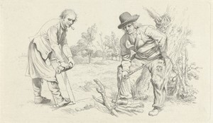 Studieblad met een houtsprokkelaar en een man met zaag