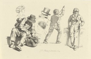 Studieblad met een man bij een mand en figuren