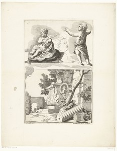 Studieblad met een ruïnelandschap en een kind met een duif
