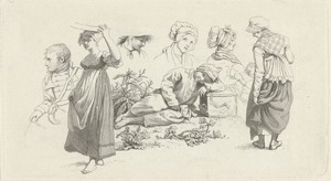 Studieblad met een slapende jongen en figuren
