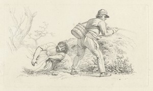 Studieblad met een slapende vrouw en een hengelaar