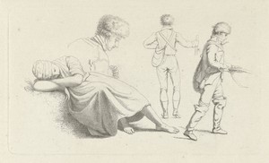 Studieblad met een slapende vrouw en een jager