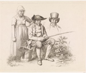 Studieblad met een visser, een vrouw en een buste van een man