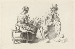 Studieblad met een vrouw aan een spinnewiel en een zittende man