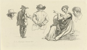 Studieblad met een vrouw met een mand en figuren