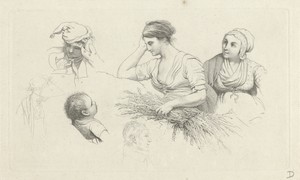 Studieblad met een vrouw met een takkenbos en figuren