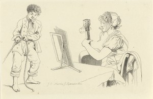 Studieblad met een vrouw met gitaar en een touwtrekkende jongen