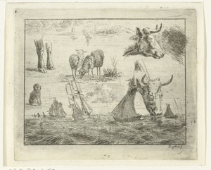 Studieblad met een zeegezicht, twee koeienkoppen, schapen, een hond en twee poten