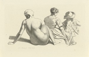 Studieblad met een zittend naakt en twee figuren