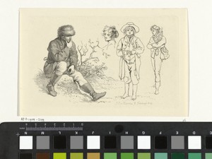 Studieblad met een zittende man, twee figuren en een kop