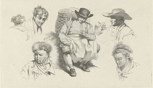 Studieblad met figuren en een rustende visboer met pijp