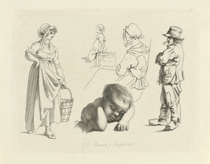 Studieblad met figuren en een slapend kind