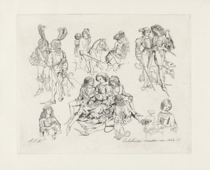 Studieblad met figuren in Middeleeuwse kleding