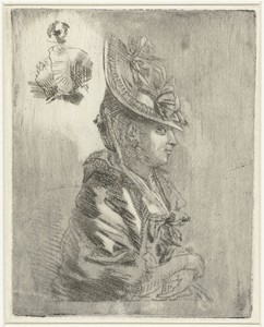 Studieblad met het portret van een jonge vrouw met hoed en twee kleinere portretten