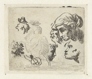 Studieblad met hoofden en ruiters