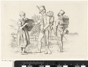 Studieblad met militairen en een boerenmeisje