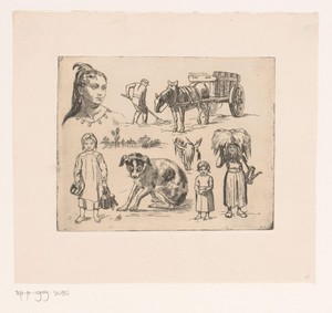 Studieblad met portretten, paard en wagen, een hond en een klein landschap