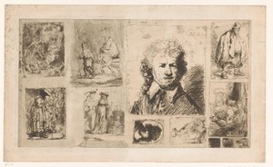 Studieblad met twaalf kopieën naar etsen van Rembrandt