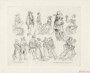 Studieblad met verschillende paren met Middeleeuwse kleding