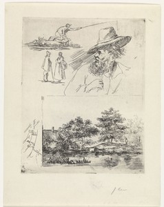 Studieblad met vier figuren en een landschap