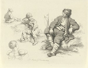 Studieblad met zittende figuren en boten op de achtergrond