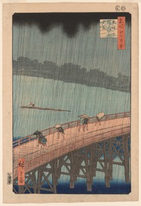 Sudden Shower over Shin Ohashi Bridge and Atake (Ohashi Atake no yudachi), from the series "One Hundred Famous Views of Edo (Meisho Edo hyakkei)"
