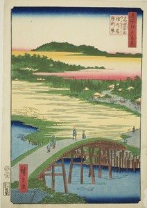 Sugatami Bridge, Omokage Bridge and the Gravel Pit at Takata (Takata Sugataminohashi Omokagenohashi jariba), from the series "One Hundred Famous Views of Edo (Meisho Edo hyakkei)"
