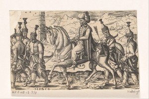 Sultan te paard vergezeld door soldaten