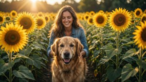 Sunflower Stroll with Dog