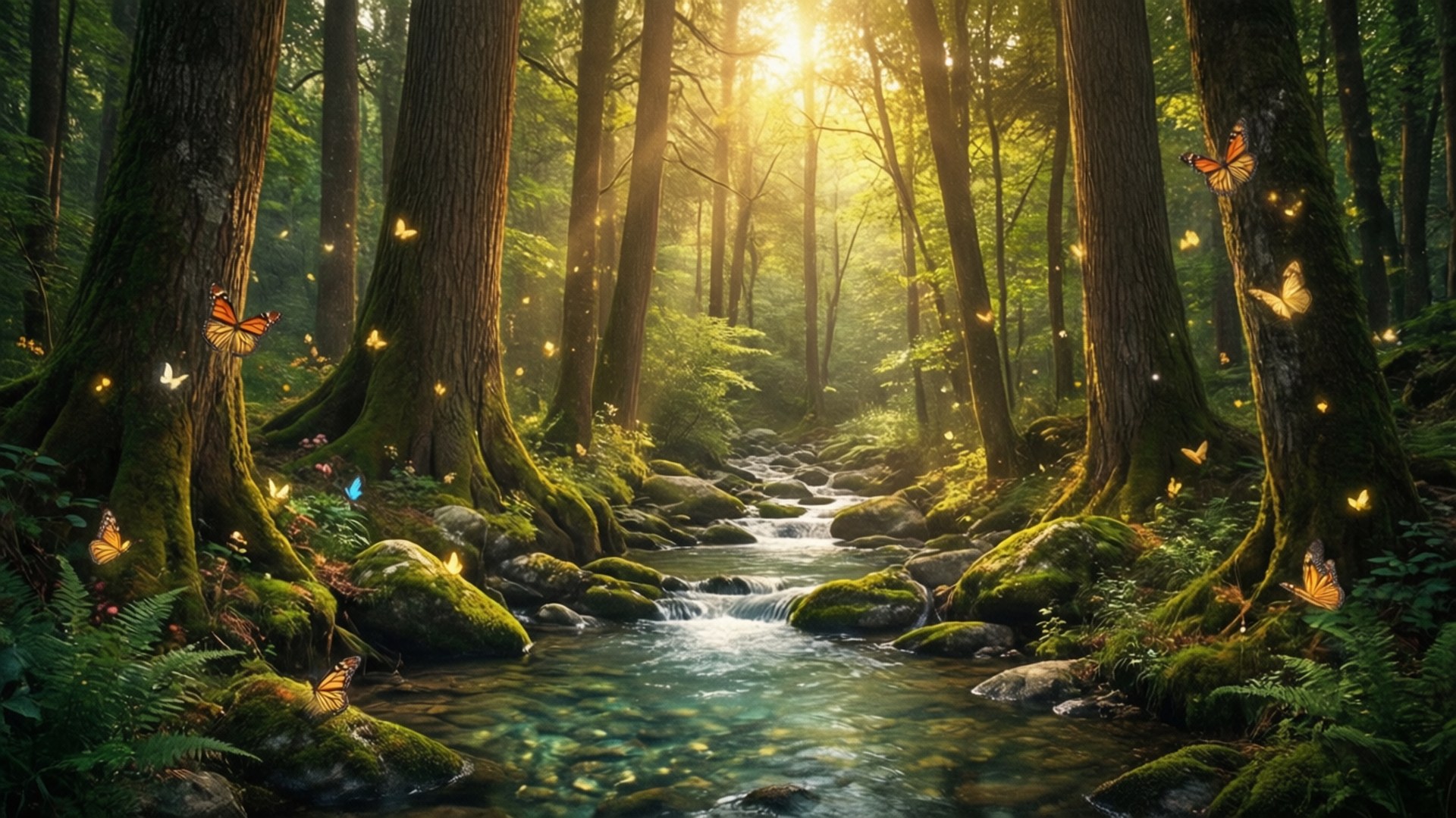 Sunlit Forest Stream by Wallpapers.art Studio