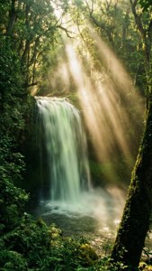 Sunlit Forest Waterfall