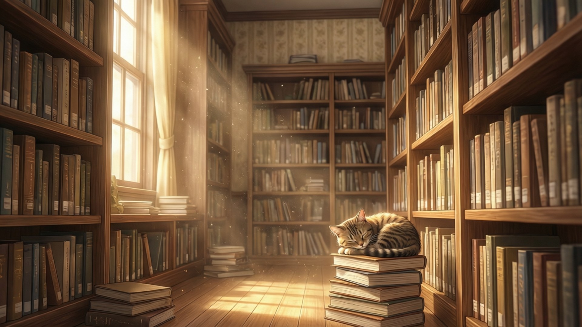 Sunlit Library Cat by Wallpapers.art Studio