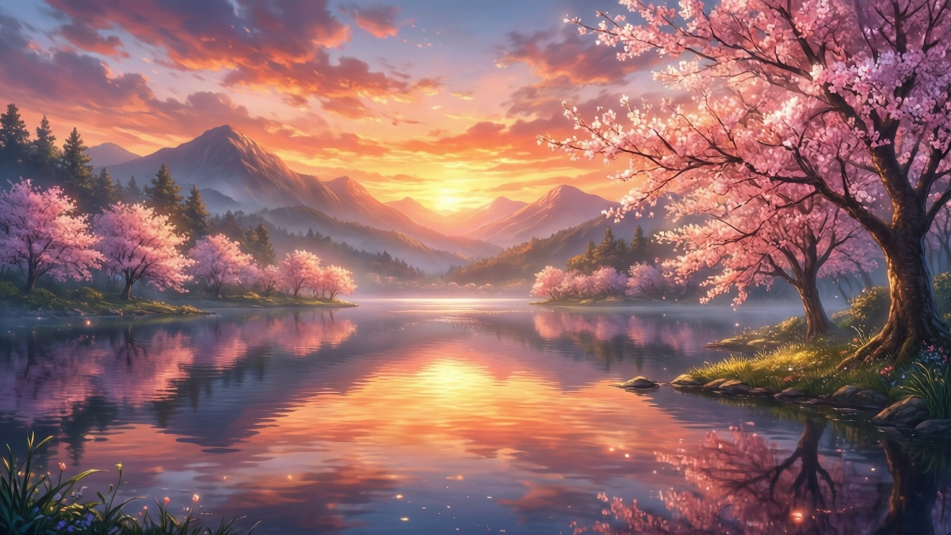 Sunset Blossom Lake by Wallpapers.art Studio