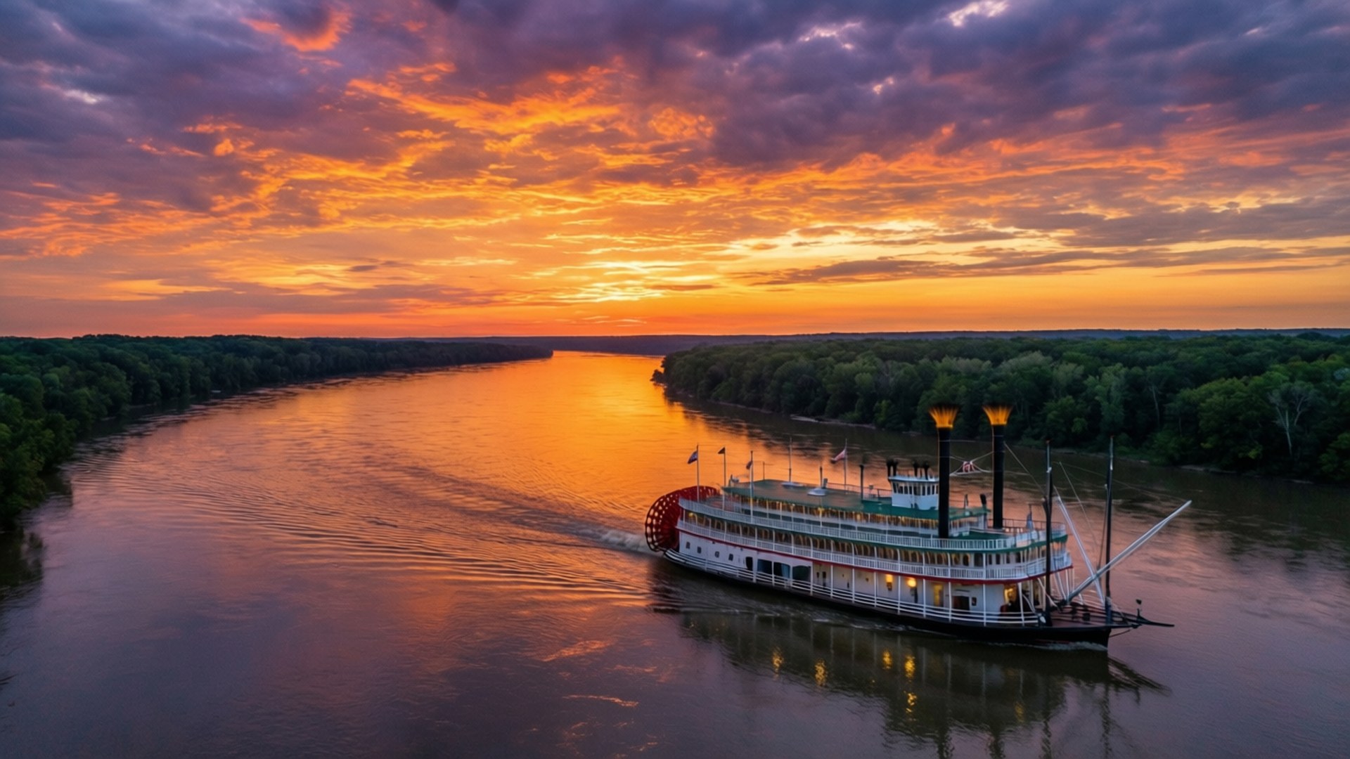 Sunset Steamboat Serenity by Wallpapers.art Studio