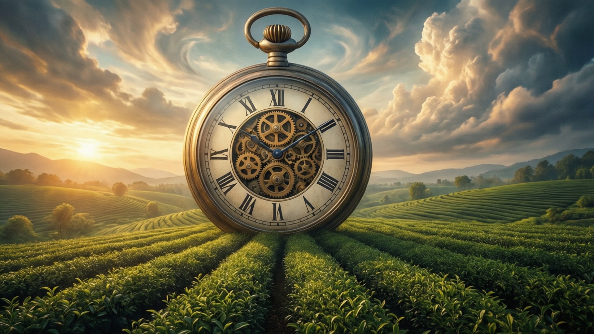 Surreal Clock Over Tea Fields by Wallpapers.art Studio