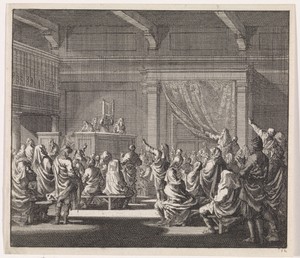 Synagoge waar een rabijn een wetrol voorleest