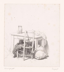 Tafel en stoel met voorwerpen van een jager