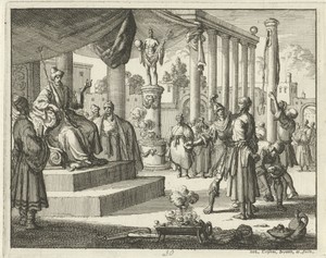 Taracus tijdens zijn verhoor met een steen op de mond geslagen