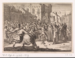 Te Danzig wordt een processie met steenworpen door het volk begroet, 1678
