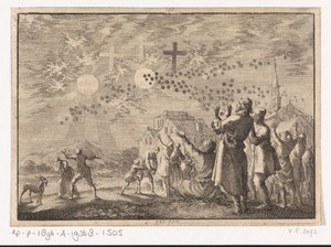 Te Mittel-Visach in Zwaben staan mensen naar de zon, een tweede lichtbol, drie kruisen en andere voorwerpen in de lucht te kijken, 1667