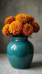 Teal Vase Marigolds