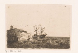 Tegen de kust verongelukt zeilschip