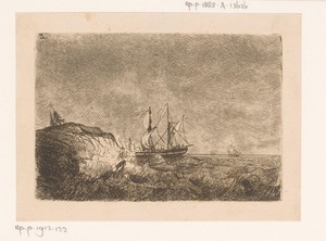 Tegen de kust verongelukt zeilschip
