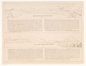 Tekstblad met aanzichten van het Meer van Albano en de Mare Morto