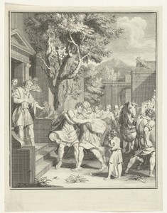 Telemachus en Nestor in omhelzing